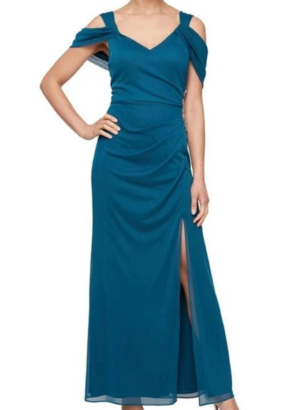 Alex Evenings ✨ Exposed Shoulder Draped Neck Mesh Gown 18  Peacock NWT